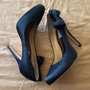 Badgley Mischka Colton Satin Black Heels with Bow Accent